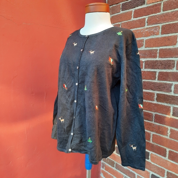 Vintage Y2K Ugly Christmas Sweater Embroidered Reindeer Cardigan Holiday - Picture 1 of 10